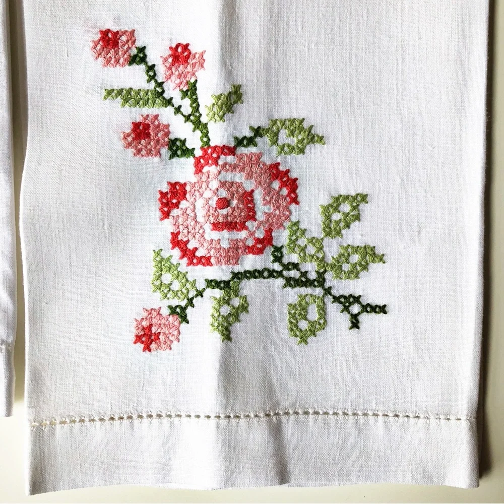 Vintage White Hand Towels with Pink Floral Design
